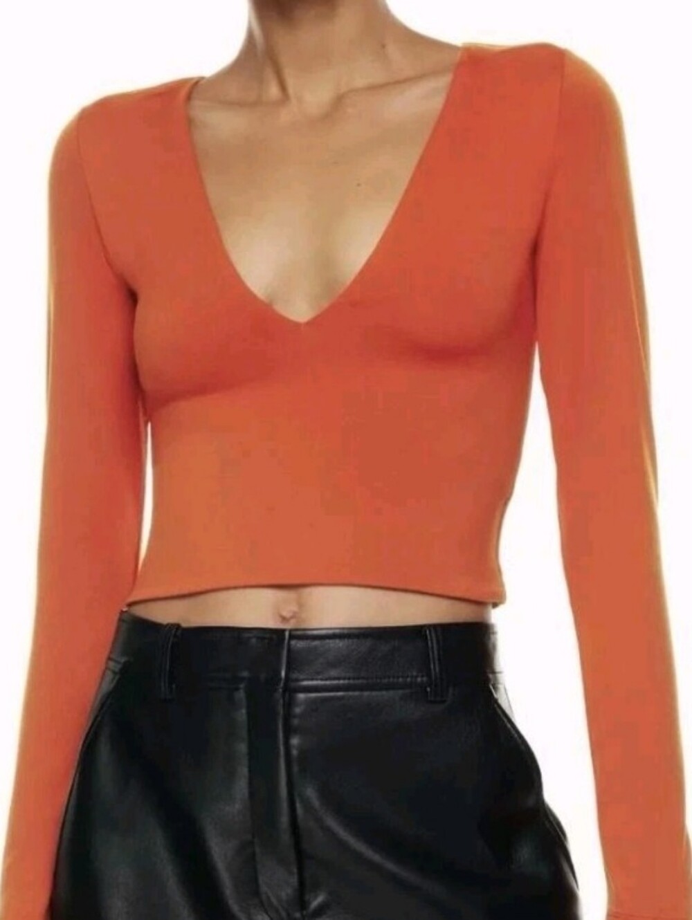 Babaton Aritzia Contour Deep V Neck Crop Top S Rust Red Long Sleeve Stretch